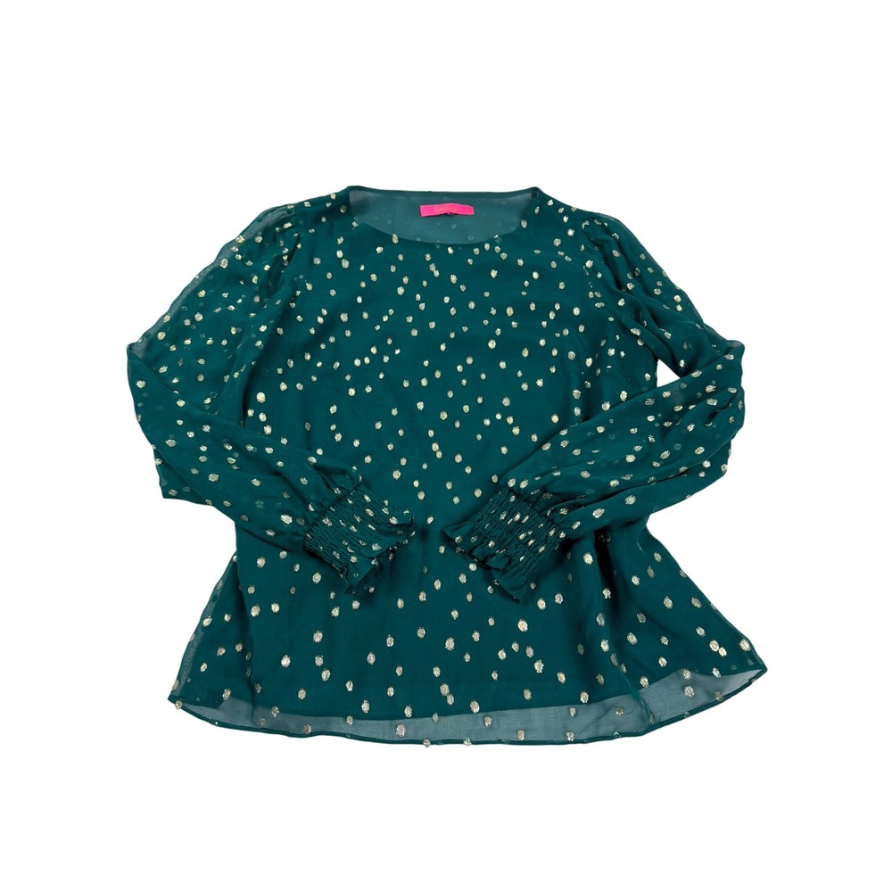 Lilly Pulitzer Green Silk Gold Metallic Polka Dot Smocked Cuff Blouse Top 07109